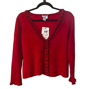 Vintage Oscar De La Renta Red Cardigan Sweater with Black Ruffles NEW